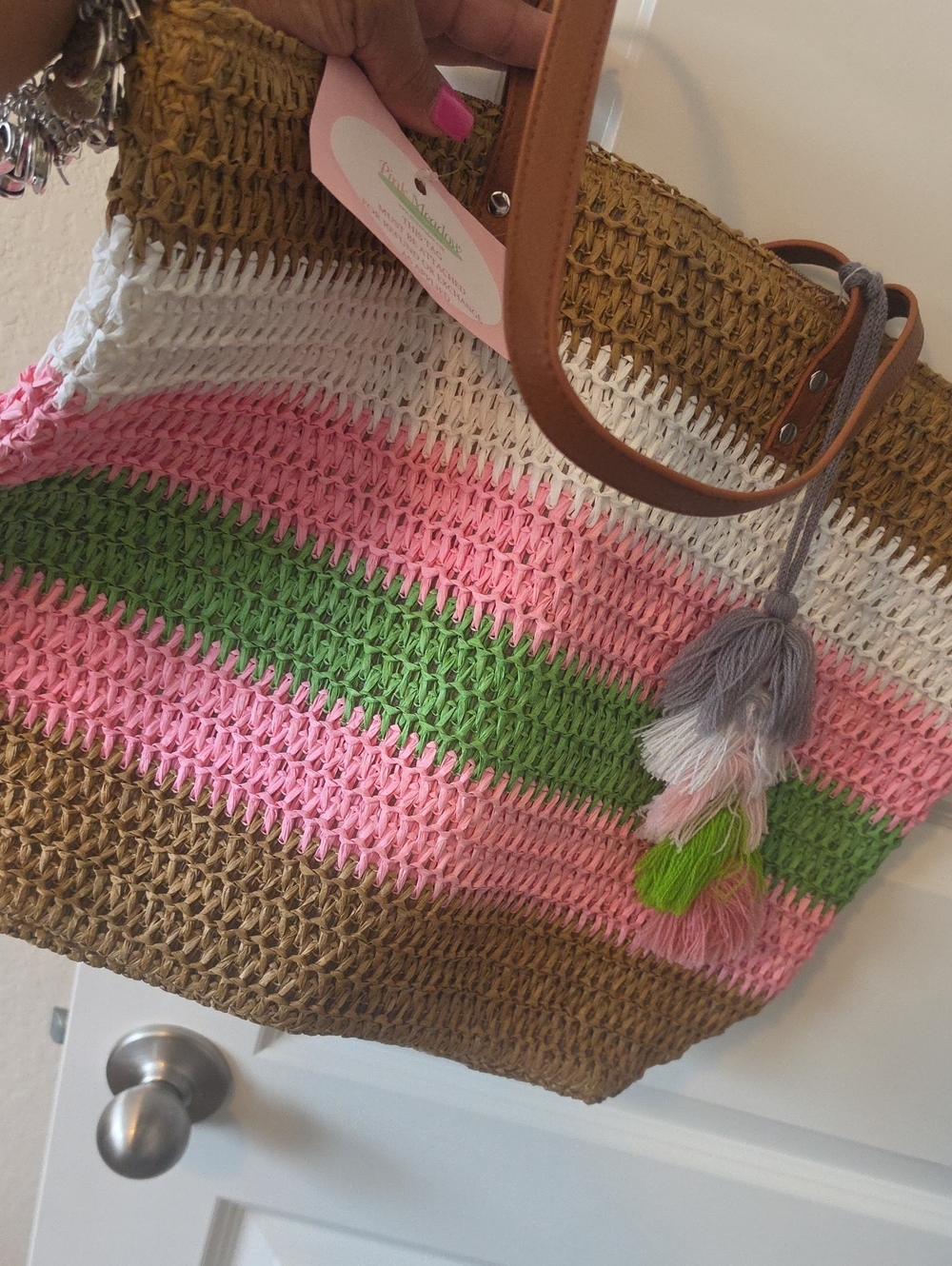 Woven Straw Tote Bag with Pink & Green Stripes